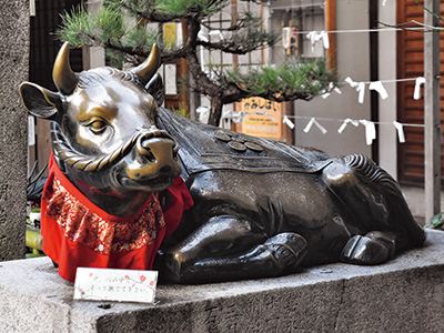 Nishiki Tenmangu Shrine, at the eastern end of the market, is popular with people at Nishiki Market. A statue of a cow being stroked sits in the precinct.