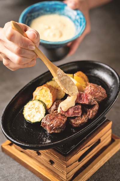 Wagyu Beef Fillet Steak with Sakekasu Miso Sauce 1990 yen. The restaurant's most popular meat dish. Sakekasu miso sauce with butter as a secret ingredient brings out the umami taste of Japanese beef.