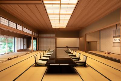 和食を提供する和の晩餐室「桐の間」。全長12メートルの漆の一枚仕上げのテーブルや、イグサの厳選された部分のみを使った畳など和の魅力がぎっしり。
