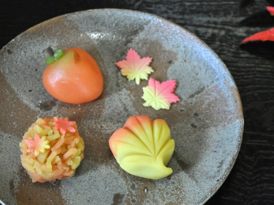紅葉や椿など、秋・冬を彩る上生菓子作りを体験。自分の手で仕上げる可愛らしい京菓子に、心までほっこり。