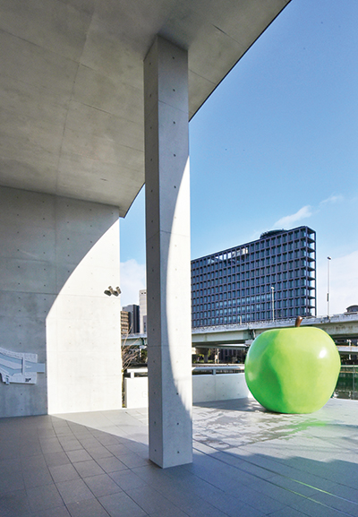 There is a green apple object on the terrace with the theme of youth.